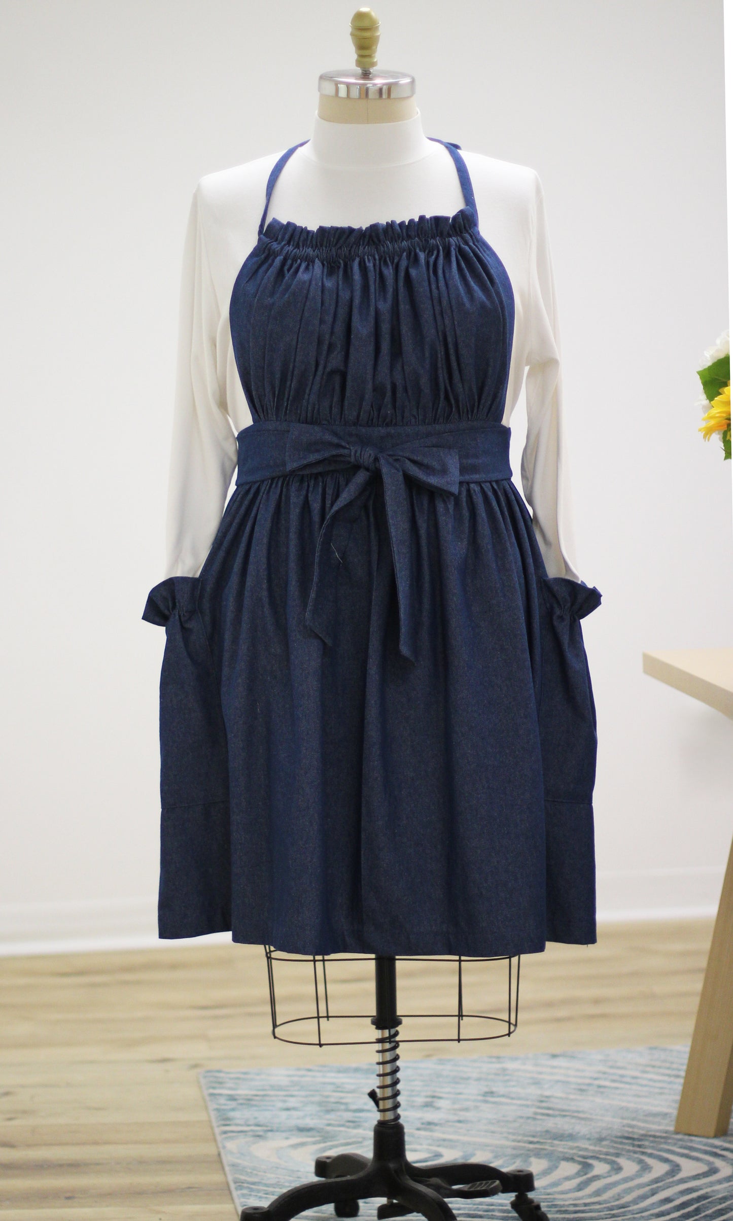 XS-5X  Gathered Bib Apron in Denim front view with the apron tied in front.