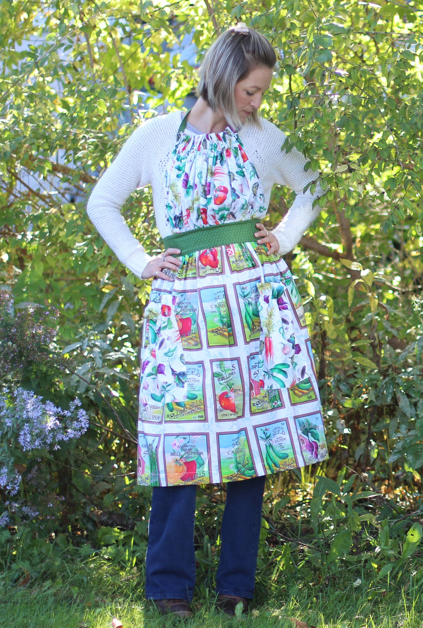 Gathered Bib Apron in Veggies and Garden Seed Packets