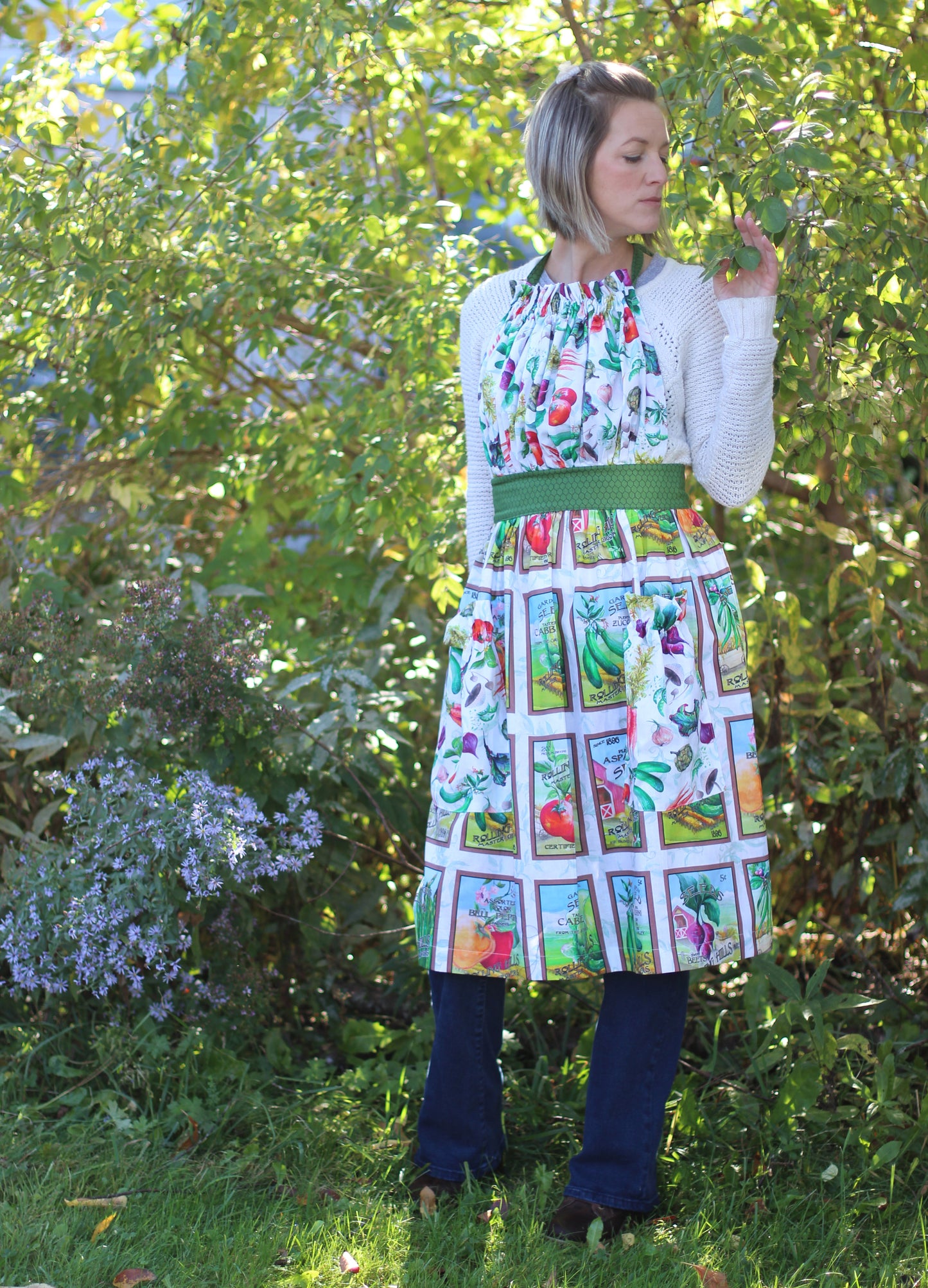 Gathered Bib Apron in Veggies and Garden Seed Packets