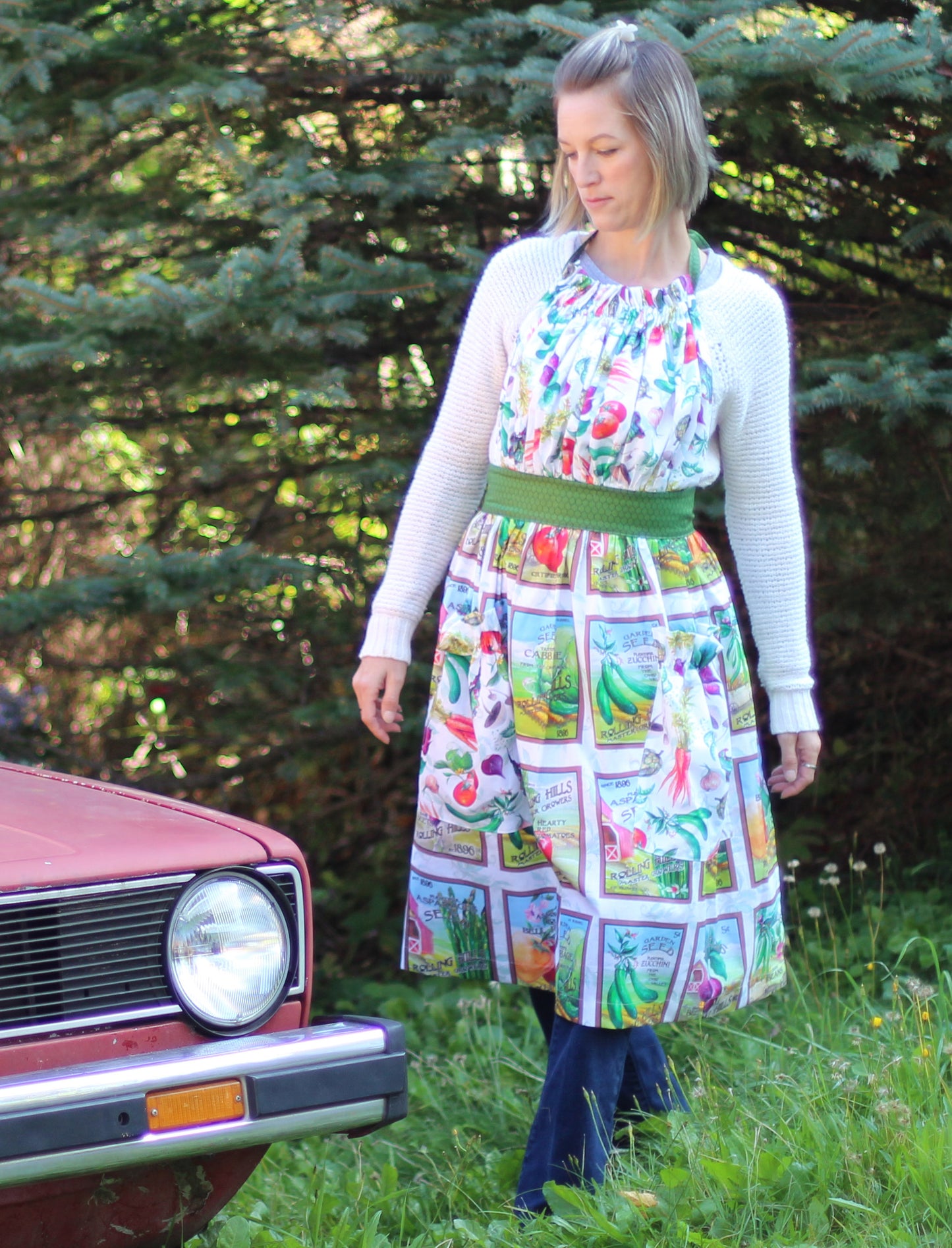 Gathered Bib Apron in Veggies and Garden Seed Packets